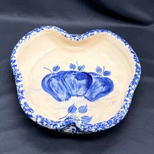 Casey Pottery Marshall TX Hand Turned Apple Bowl Blue Spongeware 1990 Vintage